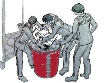 中共酷刑示意图：溺水——把人头按进凉水桶里憋
