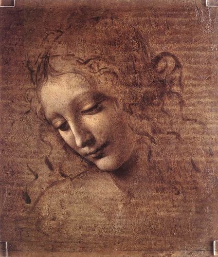 '图例：达·芬奇的未完成作品《头发散乱的女子头像》（《Jeune fille décoiffée》），24.7×21厘米，作于1508年。在棕褐色的透明底层上，画家把不透明的铅白涂在画像的亮部，并通过调整铅白的厚薄、利用对下层颜色不同程度的覆盖得到不同色阶的浅色，用来塑造形体。这种技法叫作“提白”。假如画家继续深入作画，等这一层画完并干燥后，用树脂油调合具有较高透明度的色料很薄地画在已有的提白色层上，透过薄薄的透明色能让人看到下层，就叫做“罩染”。（当然这里只是简单地介绍“提白”与“罩染”的基本概念，以方便非美术专业的读者理解本文。）'
