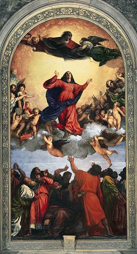 '图例：威尼斯画派代表画家提香的《圣母升天》（《L'Assomption de la Vierge》），木板油画，690×360厘米，作于1516年—1518年。由于画家优秀的底层提白技法，这幅名画虽然历经五个世纪的沧桑，但仍然呈现出明亮鲜艳的色彩效果。'
