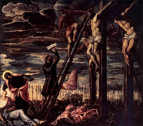 '图例：丁托莱托（Tintoretto）的《上十字架》（《Crucifixion》），布面油画，371×341厘米，作于 1568年。由于画家疏忽了底层的提白，随着时间的推移，油画颜料老化后逐渐失去覆盖力，使深色的土红底子慢慢透出，导致他的作品严重变黑。'