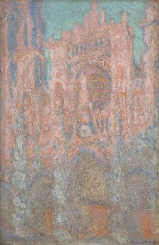 '图例：印象派代表画家莫奈（Claude Monet）的《鲁昂大教堂》（La Cathédrale de Rouen），布面油画，100×65厘米，作于1893年。作者想要表现阳光照射下大教堂的颤动光色，但由于背弃了传统的油画技法，不但画面显得严重发灰，而且现在整幅画已布满裂痕。'
