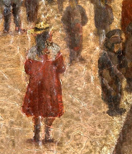 '图例：印象派油画《布里昂松市大雨漏街的活跃街景》（Vue de Briançon avec une vue animée de la rue de la Grande Gargouille）局部。此画作于1870年左右，作者不详。可以看到画面因技法不合理已经严重变色开裂。'