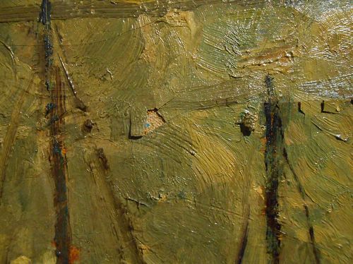 '图例：特瓦兹克（Henryk Francis Twardzik）的《格洛斯特海景》（Gloucester harbor view）局部，布面油画，作于1928年。由于作者不注重材料与技法，导致油画在完成几十年后就已开裂并局部脱落，颜料脱落处露出了下面的画布。'