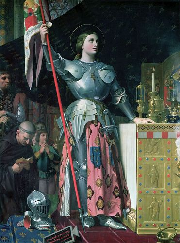 '图例：新古典主义画派代表画家安格尔的《查理七世加冕礼上的圣女贞德》（Jeanne d'Arc au sacre du roi Charles VII），布面油画，240×178厘米，作于1851年—1854年。画家一生致力于对古典艺术的研究，不断学习前人的经验，坚守古典油画的风格与技法，反对通过笔法技巧表现自我，因此下笔毫无斧凿之痕，造型手法精妙严谨。'