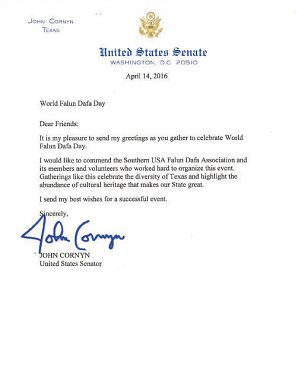 美国德州参议员康尼的贺信
