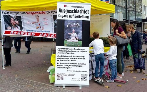 '图1～4：二零一七年十月二十一日，德国乌尔姆法轮功学员在市内步行街举办活动，图为民众签名声援法轮功学员。'