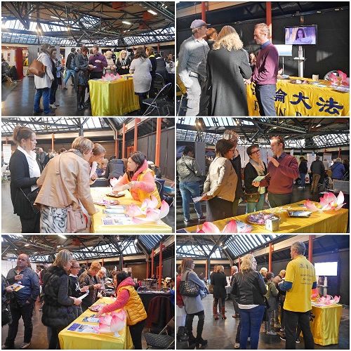 '图1：二零一七年十一月五日，比利时的法轮功学员参加了在哈瑟尔特市召开的健康博览会，许多民众到展位了解法轮功。'