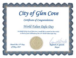 纽约长岛格伦科夫市（Mayor of Glen Cove）市长雷金纳•德斯皮内洛颁发的褒奖