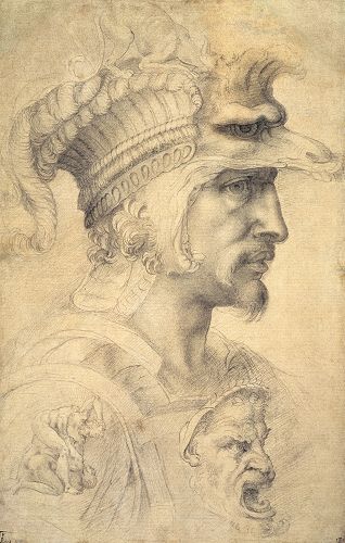这是米开朗基罗的素描《卡诺莎伯爵戎装战士头像》（Head of a Warrior - The Count of Canossa），41.2 x 26.3厘米，作于1550年-1600年间，具体时间不详。米开朗基罗的作品一向以其强烈的力量感而著称，但再发达的肌肉也是圆的、有弹性的，而不是方的或石头般坚硬的。作者以巧妙的用光体现了战士坚毅的神情，但每个部分的过渡却处理得非常柔和，完全没有变异的方块感。（来源：https://rs.1000museums.com）