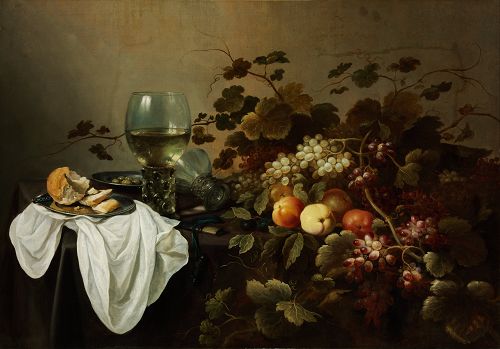 上图为荷兰画家克拉斯（Pieter Claesz）的静物油画《水果、面包与酒杯》（Still Life with Fruit, Bread and Roemer），104.5 x 146 厘米，作于1644年。在这幅造型严谨的作品上并非完全看不到笔触，但有所隐藏的笔法明显顾及到了形体上的明暗与色彩的微妙过渡，使造型、光感、空间与质感都得以完整表达。如果比较一下高考色彩静物范画中那些松散的形体、杂乱无章的笔法与夸张臆想的颜色，人们或许能更深刻地理解“云泥之别”这个词的含义。（来源：维基百科）