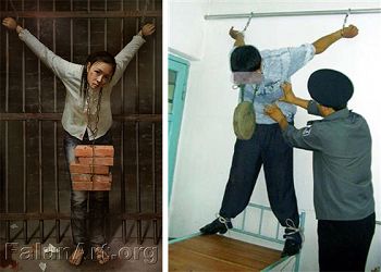 中共酷刑示意图：吊铐、挂砖头