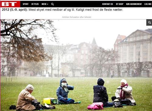 'BT报网站截图：2012年丹麦法轮功学员风雪中打坐炼功'