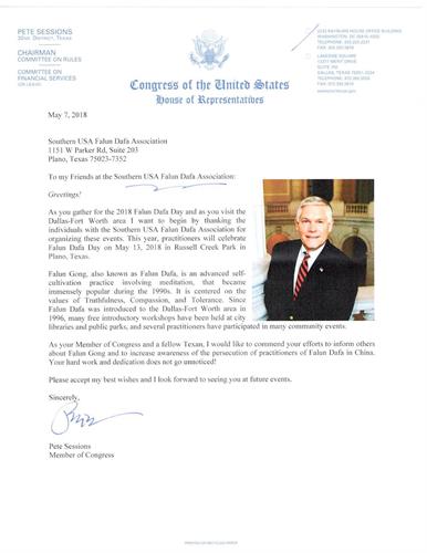'图1：德州第三十二选区国会议员彼得·赛申斯（Pete?Sessions）的贺信'