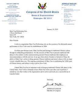 图7：国会众议员杰里·纳德勒（Jerrold Nadler）给2019纽约神韵演出的贺函。