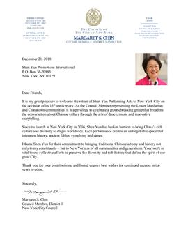 图11：华裔纽约市议员陈倩雯（Margaret Chin）给2019神韵演出的贺函。