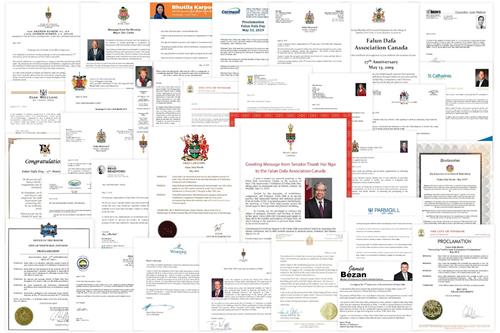 '图1：加拿大多个城市及省、市议员或向法轮大法学会发出贺信恭祝，或褒奖法轮大法并宣布法轮大法日。'