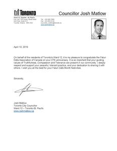 '图19：市议员乔希‧马特洛（Josh Matlow）发来的贺信'