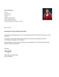 '图27：伯灵顿市（Burlington）市长玛丽安娜‧米德‧沃德（Marianne Meed Ward）发来的贺信'