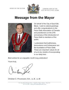 '图37：苏圣玛丽市（Sault Ste. Marie）市长克里斯蒂安‧普罗文萨诺（Christian C. Provenzano）发来的贺信'