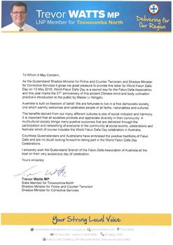 '图2：昆州图文巴北部（Toowoomba North）州议员特雷弗·瓦茨议员（Trevor Watts MP）给昆州法轮大法学会发来贺信'