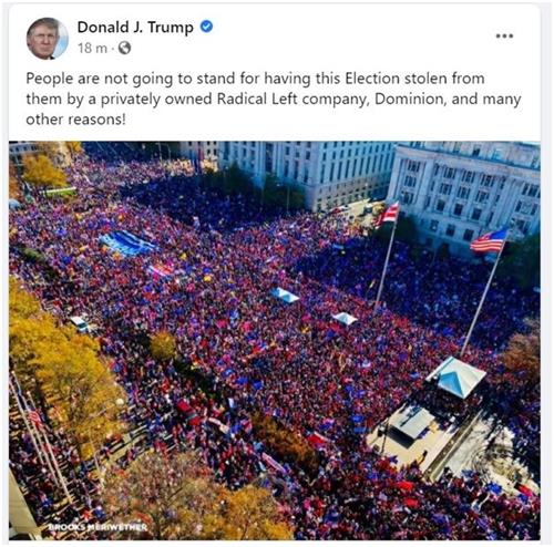 '图1：美国总统川普在其社交媒体帖文配图，展现2020年11月14日华盛顿DC集会游行现场的人山人海。他在帖文中说：人民不会坐视大选结果，被私人拥有的激进左派公司Dominion 及很多其它原因，从他们手中窃走。'