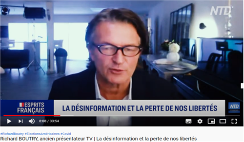 图：法国资深媒体人理查德·布特里（Richard BOUTRY）先生近日接受法国新唐人电视台的采访