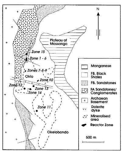 '图1：Oklo-Okelobondo铀矿分布图（Gauthier-Lafaye