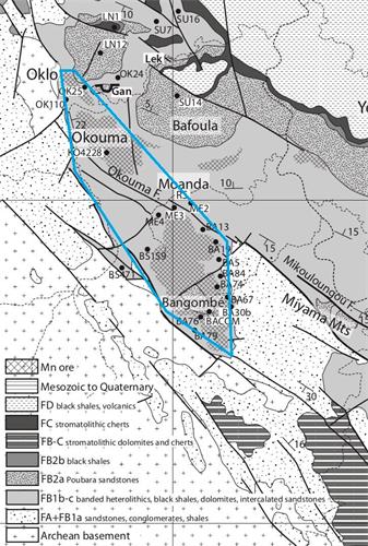 '图4：Franceville沉积盆地西南部锰矿分布图（Jean-Yves