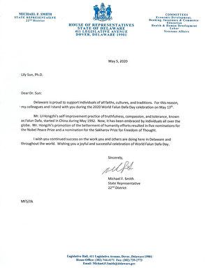 '图11：德拉华州州众议员迈克尔·史密斯（Michael F. Smith）议员的贺信'