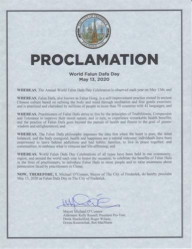 '图7：美国马里兰州弗雷德里克市市长迈克尔·奥康纳（Michael O’Connor）将二零二零年五月十三日定为弗雷德里克市“法轮大法日”。'