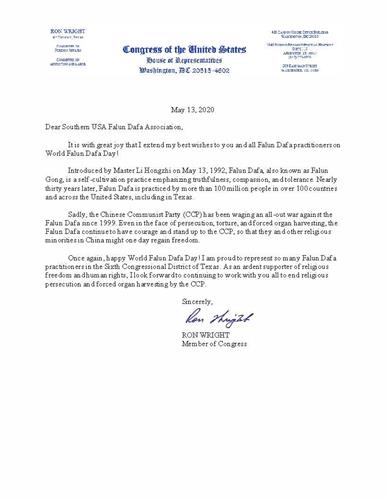 '图4：美国德州第六选区国会议员罗恩·怀特（Ron Wright）的贺信'