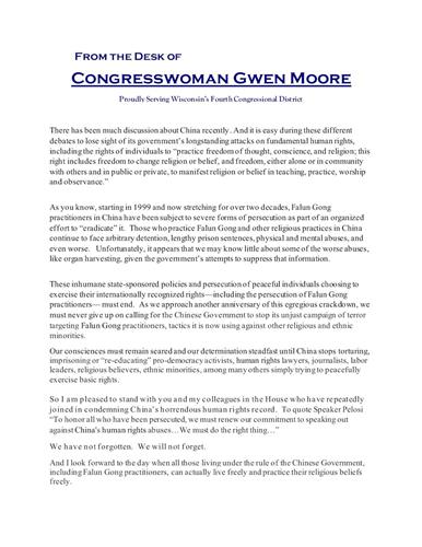 '图5：威斯康辛州国会众议员格温·穆尔（Gwen Moore）写给法轮功学员的声援信。'