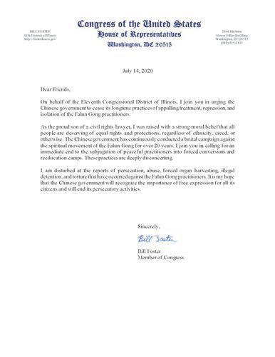 '图6：伊利诺伊州国会众议员比尔‧福斯特（Bill Foster）写给法轮功学员的声援信。'