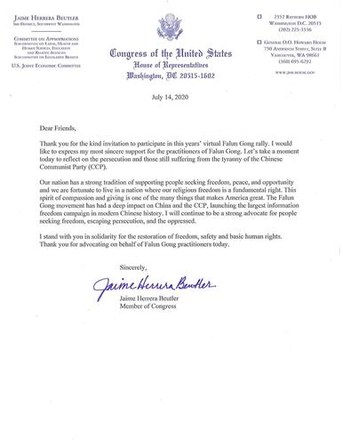 '图8：华盛顿州国会众议员洁米·赫雷拉·布特勒（Jaime Herrera Beutler）写给法轮功学员的声援信。'