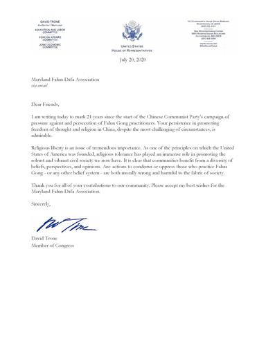 '图11：马里兰州国会众议员戴维·特朗（David Trone）写给法轮功学员的声援信。'