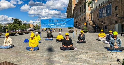 '图1：二零二零年七月七日星期二下午，斯德哥尔摩法轮功学员与往常一样，在钱币广场上举办讲真相活动。'