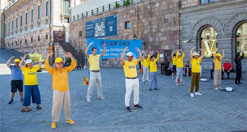 '图1：二零二零年八月八日，法轮功学员在斯德哥尔摩市中心国会大厦旁的钱币广场，举办讲真相活动。'