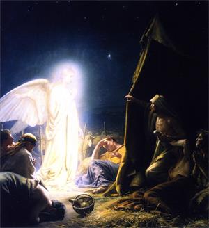 图例：丹麦画家布洛赫（Carl Bloch）的油画《牧羊人与天使》（The Shepherds and the Angel），作于1879年。