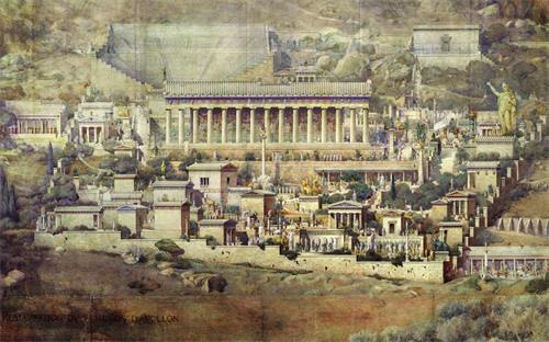 图： 法国建筑师图尔奈尔（ Joseph Albert Tournaire）根据德尔斐（Delphi）的阿波罗神庙遗址所作的复原图，绘于1894年 。（网络图片）
