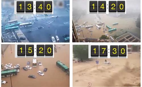 图1：2021年7月20日，郑州市民实拍的洪水发展，水位在半个多小时内突然暴涨，水流湍急。