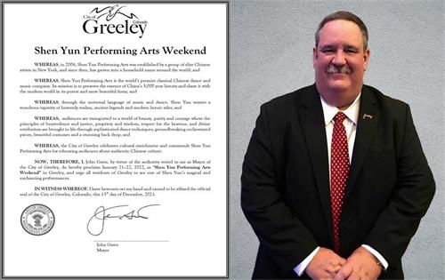 '图9：神韵艺术团抵达科罗拉多州格里利市，市长约翰‧盖茨（John Gates）在演出前夕，宣布神韵演出期间的周末为“神韵艺术周末”。（大纪元）'