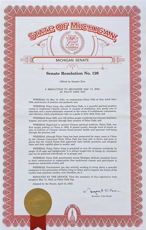 图2：密西根州参议院通过第126号决议案，宣布二零二二年五月十三日是“法轮大法日”。