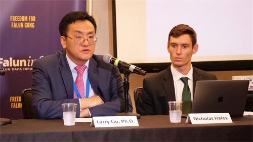 '图7：拉里·刘（Larry Liu）博士在研讨会上讲述了法轮功在中国广受民众欢迎的盛况。'