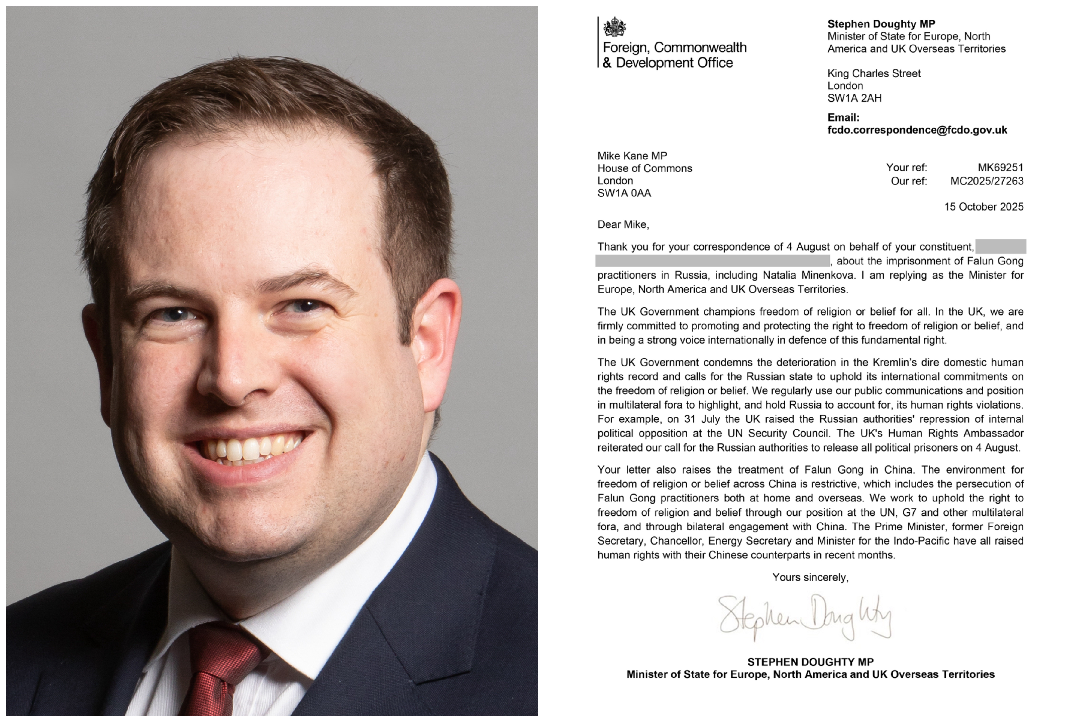 '图3:英国外交部负责欧洲、北美及英国海外领地事务国务部长斯蒂芬·道蒂和回信'